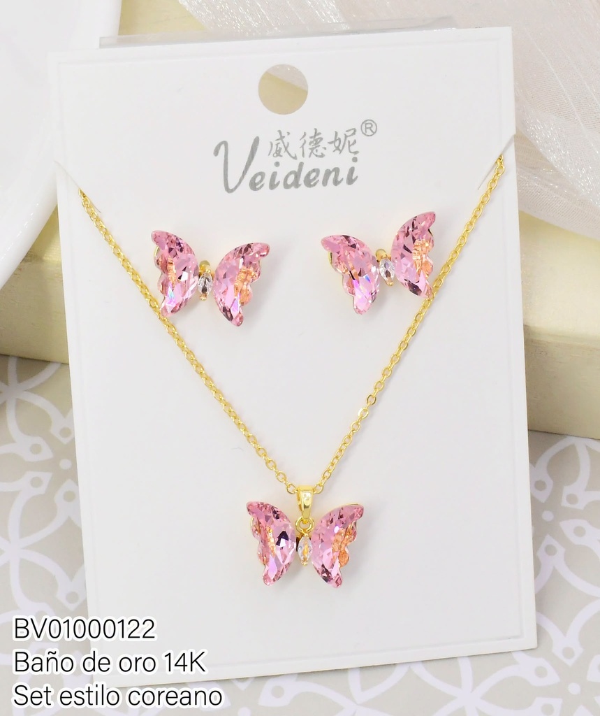 SET BAÑO DE ORO 14K.MARIPOSAS ZIRC.ROSADAS WTZ-319 (VEI080926)