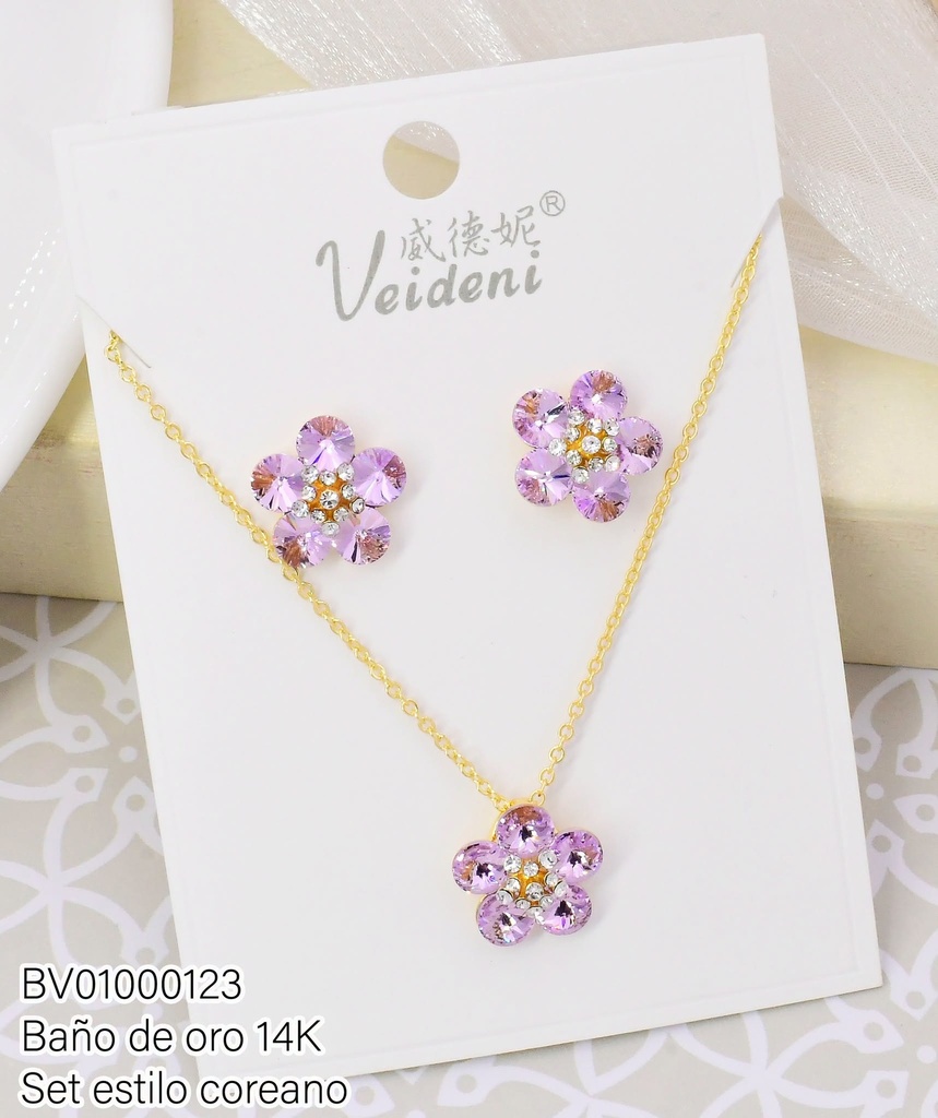 SET BAÑO DE ORO 14K.FLOR 5 PET.ZIRC.LILAS WTZ-240 (VEI080926)