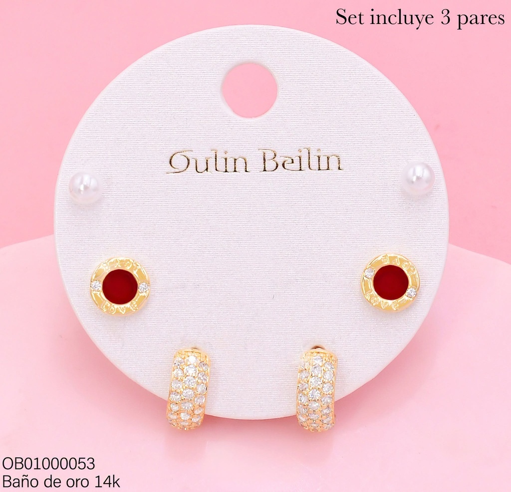 PAQ.3 PARES ARETES BAÑO DE ORO 14K.PERLITA/RD.R-B/"(" 85878YZ