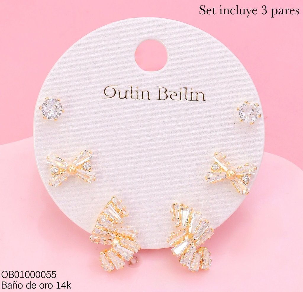 PAQ.3 PARES ARETES BAÑO DE ORO 14K.ZIRC.RD/LAZO/FRANJAS 88431YZ