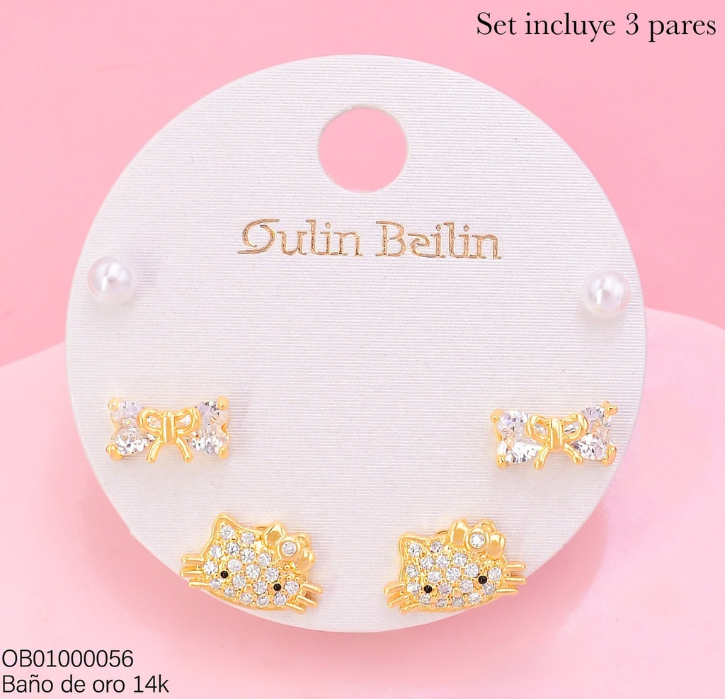 PAQ.3 PARES ARETES BAÑO DE ORO 14K.PERLITA/LAZO/KITTY 88847YZ