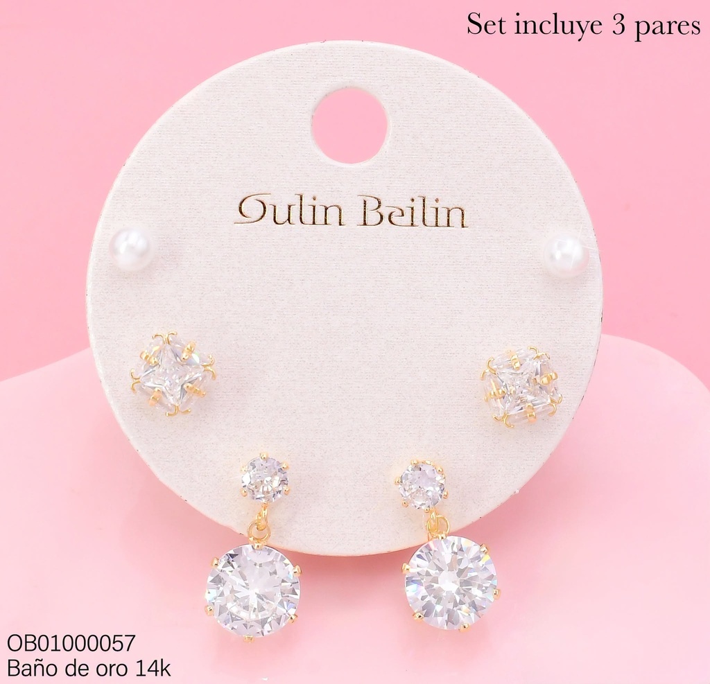 PAQ.3 PARES ARETES BAÑO DE ORO 14K.PERLITA/ZIRC.CD./2 RD. 88433YZ