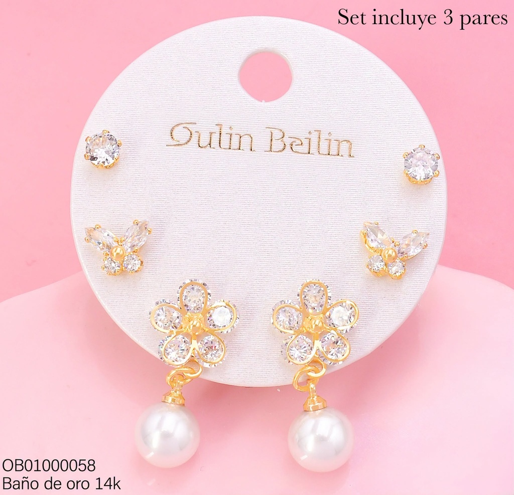 PAQ.3 PARES ARETES BAÑO DE ORO 14K.ZIRC.RD/MARIPOSA/FLOR C/PERLA 88446YZ