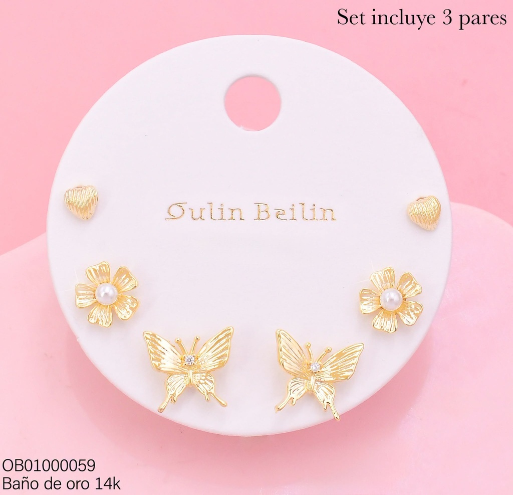 PAQ.3 PARES ARETES BAÑO DE ORO 14K.CORAZON MINI/FLOR/MARIPOSA 88272YZ