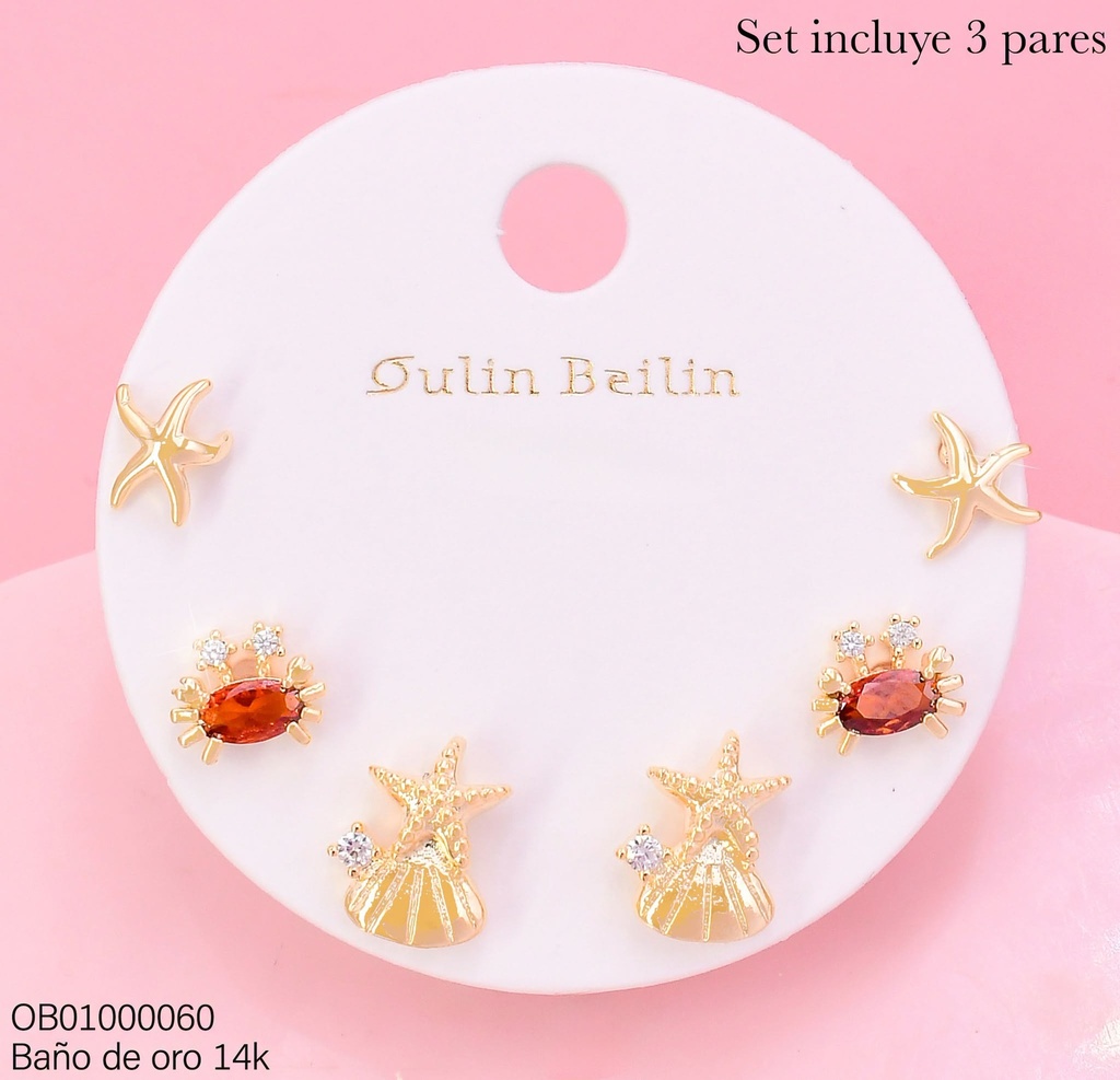 PAQ.3 PARES ARETES BAÑO DE ORO 14K.ESTRELLA/CANGREJO/OSTRA 89580YZ