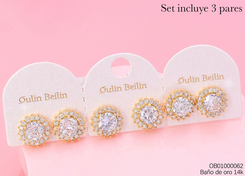 PAQ.3 PARES ARETES BAÑO DE ORO 14K.ZIRC.RD C/BORDES 89989YZ