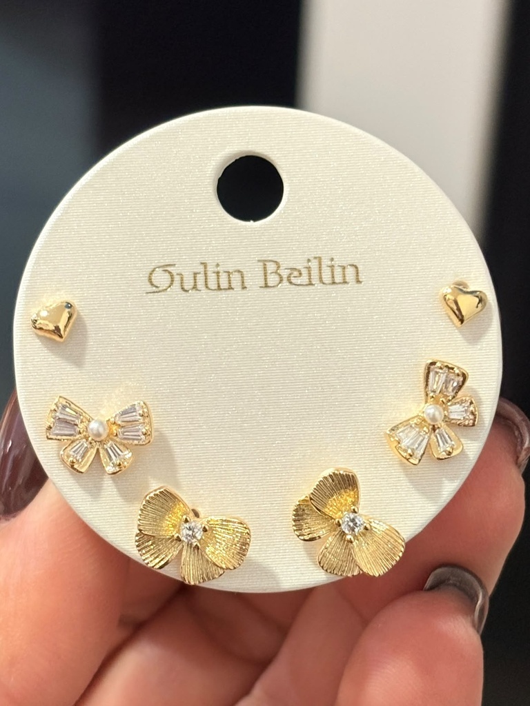 PAQ.3 PARES ARETES BAÑO DE ORO 14K.CORAZON MINI/LAZO ZIRC/LAZO 89137YZ