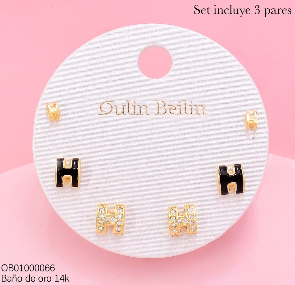 PAQ.3 PARES ARETES BAÑO DE ORO 14K."H" ZIRC/NEGRA 91390YZ