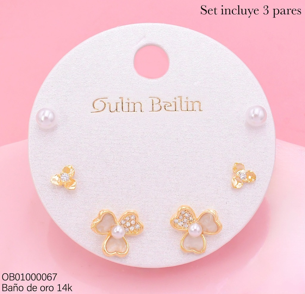 PAQ.3 PARES ARETES BAÑO DE ORO 14K.PERLITA/FLOR 2 TAMAÑOS 91928YZ