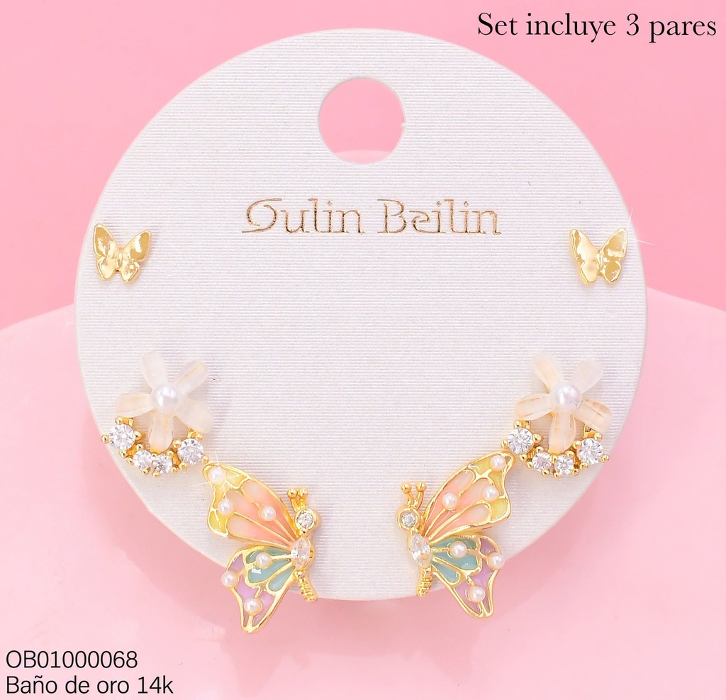 PAQ.3 PARES ARETES BAÑO DE ORO 14K.FLOR/2 MARIPOSAS 91119YZ