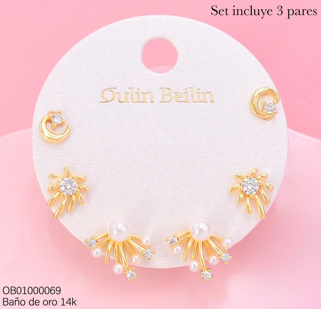 PAQ.3 PARES ARETES BAÑO DE ORO 14K.MEDIA LUNA/ESTRELLAS 90528YZ