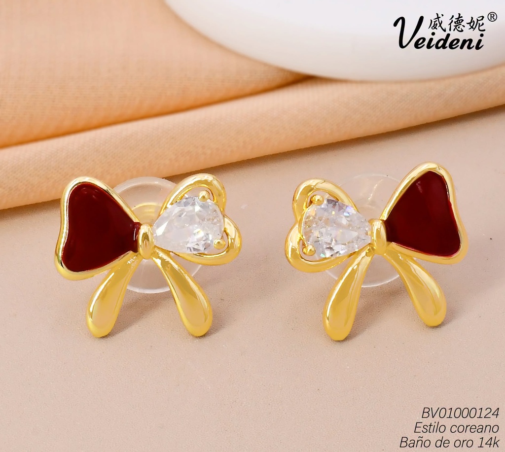 ARETES BAÑO DE ORO 14K.LAZO ZIRC.-ROJA EH-3278 (VEI080926)