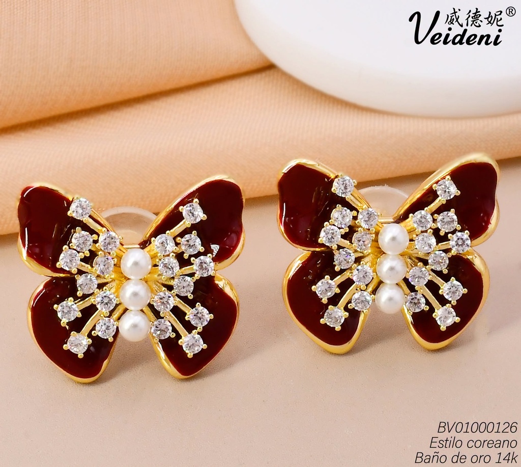 ARETES BAÑO DE ORO 14K.MARIPOSA ROJO VINO C/PERLITAS MMEH-0502 (VEI080926)