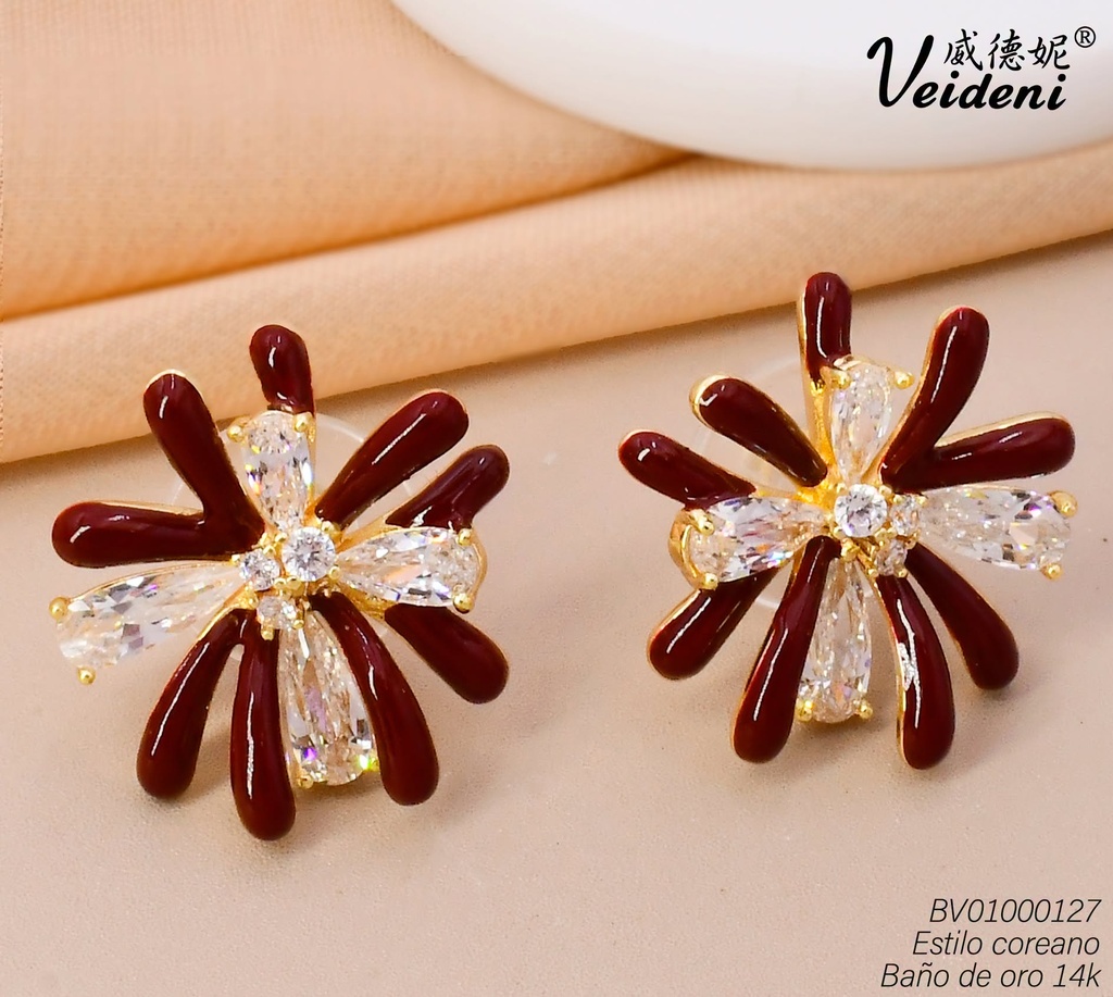 ARETES BAÑO DE ORO 14K.FLOR ZIRC.-ROJO VINO EH-3638 (VEI080926)