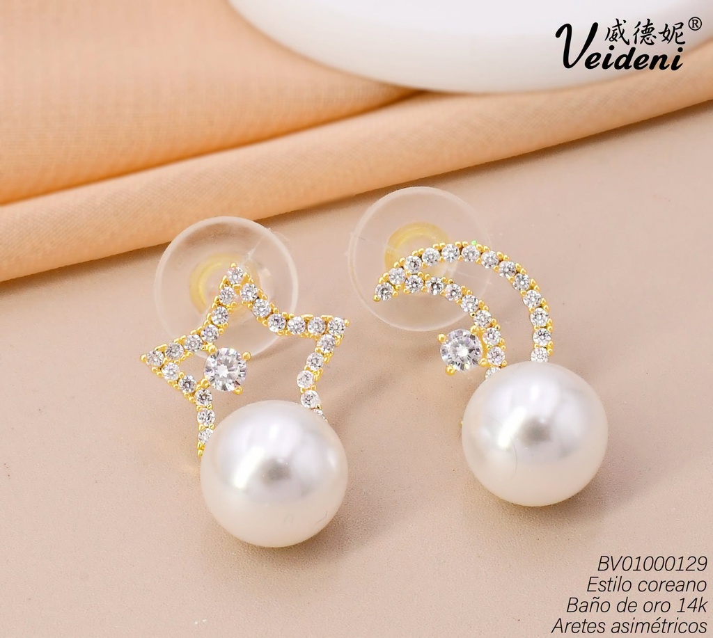 ARETES ASIMETRICO BAÑO DE ORO 14K.CROQUI C/PERLA EH-4440 (VEI080926)