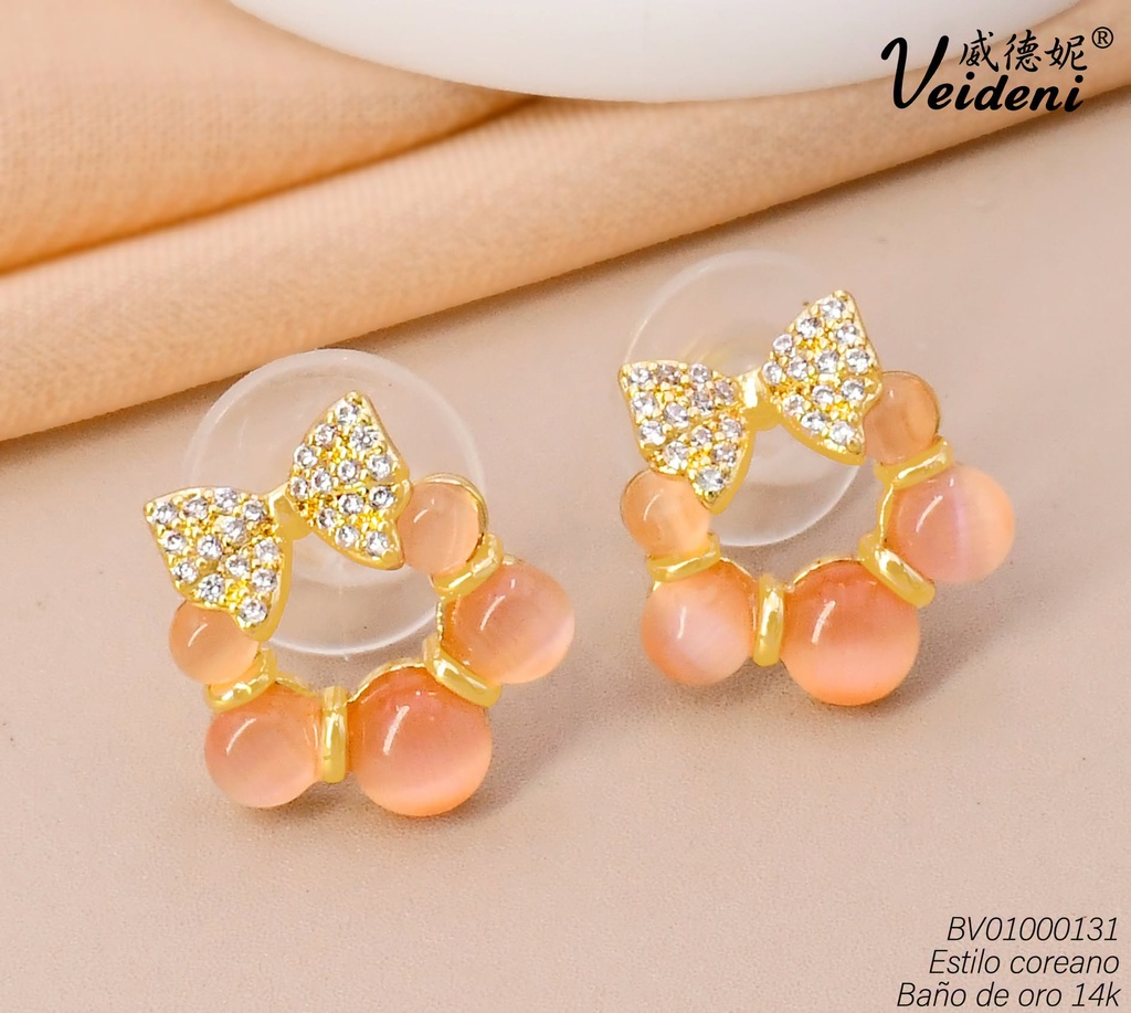 ARETES BAÑO DE ORO 14K.GUINALDA ROSADA C/LAZO EH-3150(VEI080926)