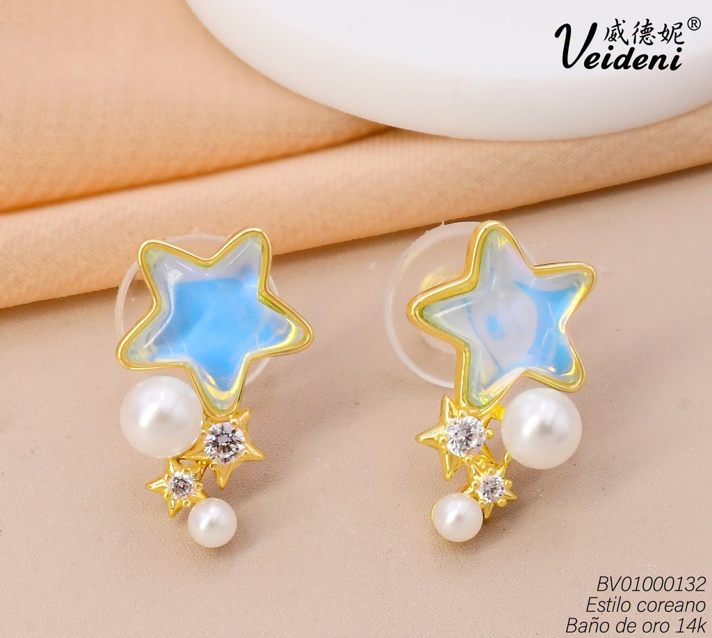ARETES BAÑO DE ORO 14K.ESTRELLA CELESTE C/PERLITAS EH-3810  (VEI080926)