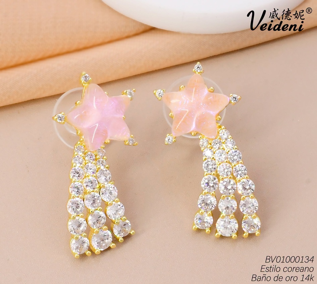ARETES BAÑO DE ORO 14K.ESTRELLA ROSADA 3 ESTELA ZIRC. EH-4083  (VEI080926)