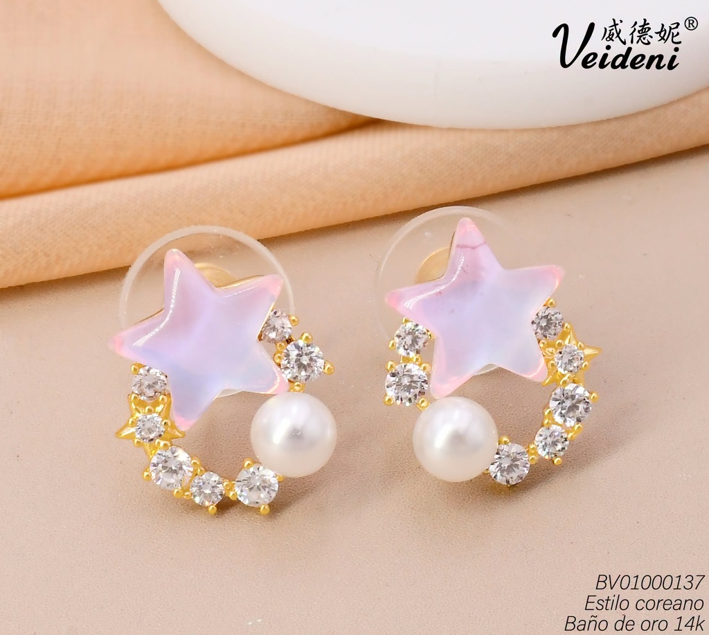 ARETES BAÑO DE ORO 14K.GUIRNALDA C/ESTRELLA/LILA/PERLA EH-3820 (VEI080926)