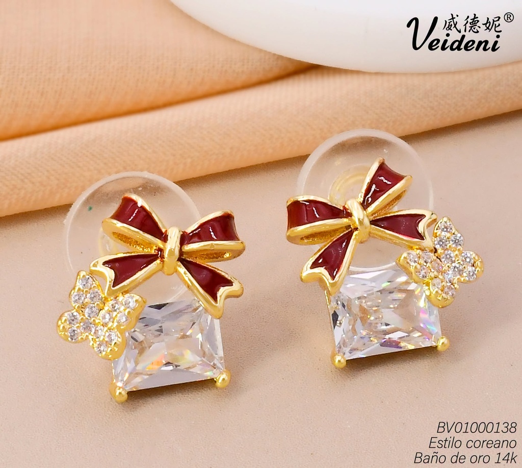 ARETES BAÑO DE ORO 14K.LAZO ROJO-ZIRC.EH-547 (VEI080926)