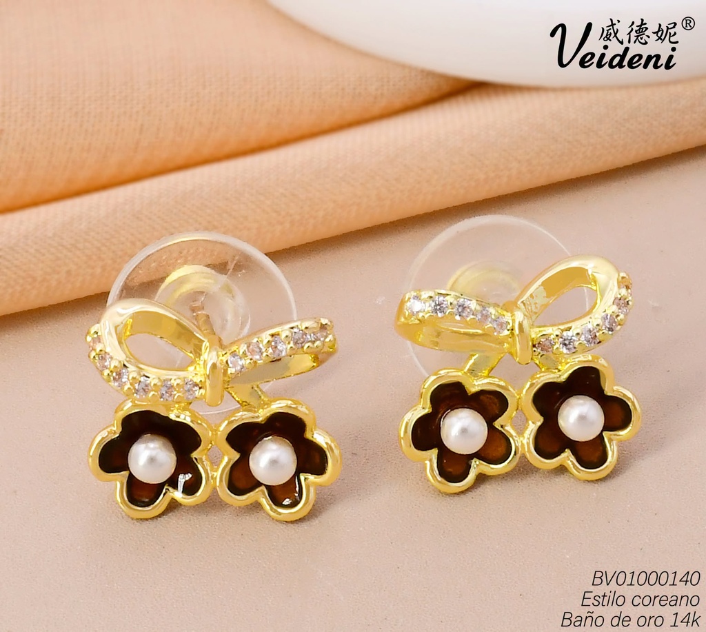 ARETES BAÑO DE ORO 14K.LAZO C/FLORES COLGANTES EH-3245 (VEI080926)