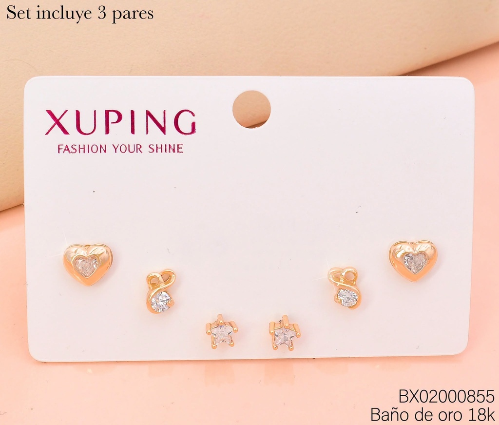 PAQ. 3 PARES ARETES BAÑO DE ORO 18K. CORAZON/ESTRELLA/ZIRCON CRISTAL