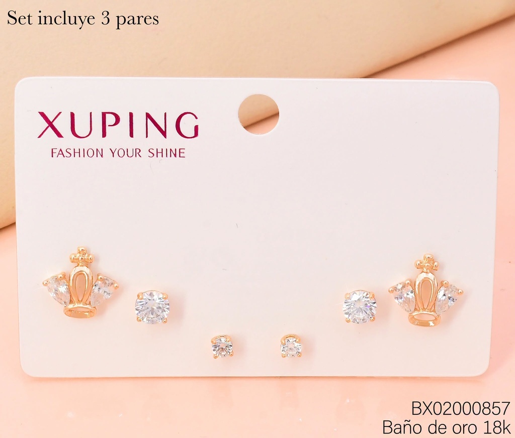 PAQ. 3 PARES ARETES BAÑO DE ORO 18K. XUPING CORONA/ZIRC CRISTAL