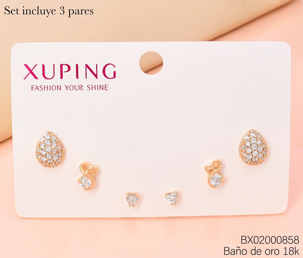 PAQ. 3 PARES ARETES BAÑO DE ORO 18K. XUPING GOTA//CORAZON/ZIRCON CRISTAL