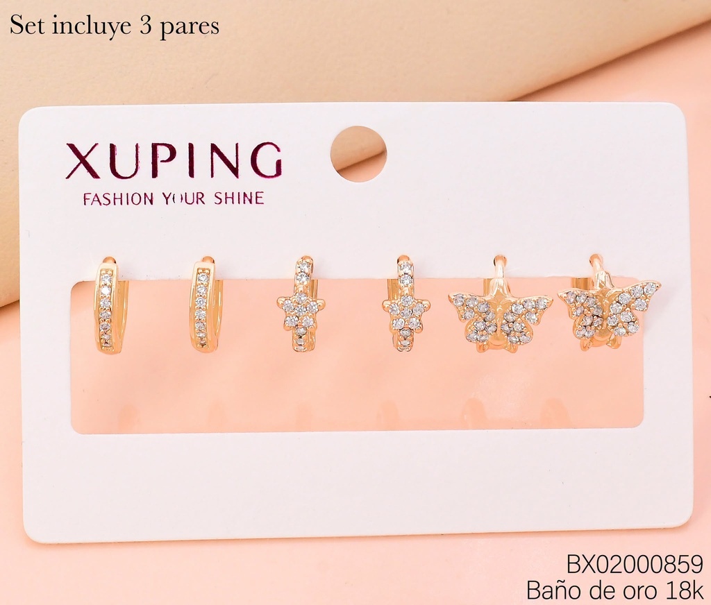 PAQ. 3 PARES ARETES BAÑO DE ORO 18K. XUPING  MARIPOSA/FLOR/ZIRCON. CRISTAL