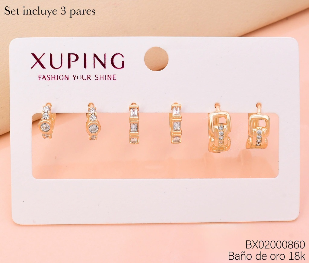 PAQ. 3 PARES ARETES BAÑO DE ORO 18K. HUGGUIES XUPING ZIRCON. RECTANGULAR ABIERTO CRISTAL