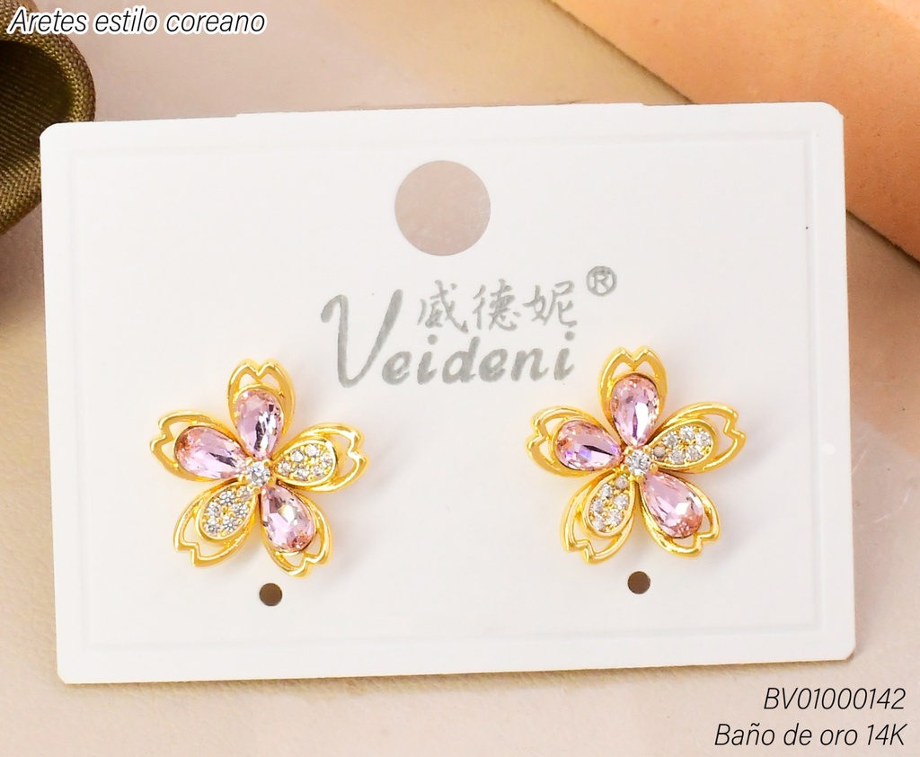 ARETES BAÑO DE ORO 14K.FLOR 5 PETALOS ROSADA-ZIRC.EH-2916 (VEI080926)