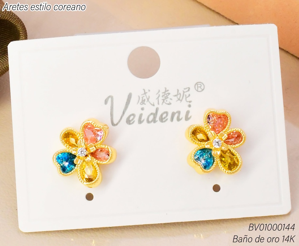 ARETES BAÑO DE ORO 14K.FLOR 5 PET.CORAZON ZIRC.COL MMEH-0529 (VEI080926)