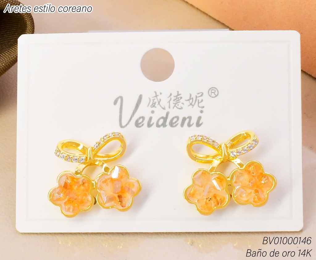 ARETES BAÑO DE ORO 14K.LAZO C/2 FLORES AMBAR EH-4084 (VEI080926)
