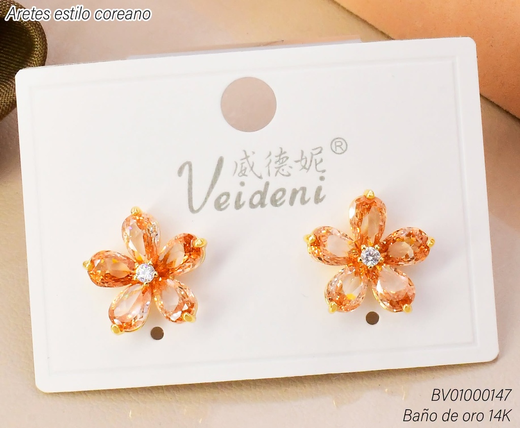 ARETES BAÑO DE ORO 14K.FLOR 5 PETALOS BEIGE MMEH-0406 (VEI080926)