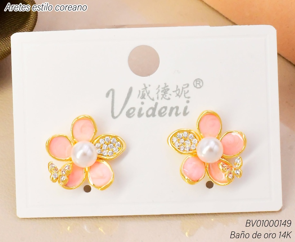ARETES BAÑO DE ORO 14K.FLOR 5 PET.ROSADA-ZIRC C/PERLITA  EH-4328 (VEI080926)