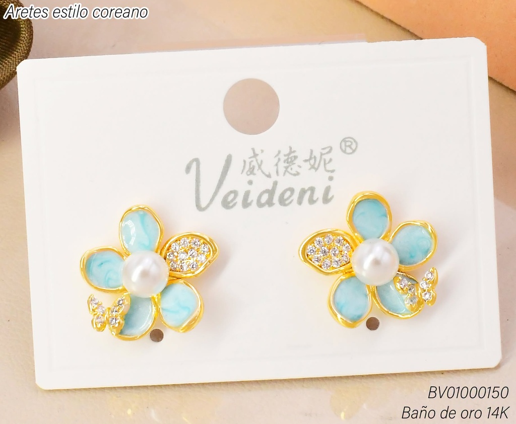 ARETES BAÑO DE ORO 14K.FLOR 5 PET.CELESTE-ZIRC C/PERLITA  EH-4328 (VEI080926)
