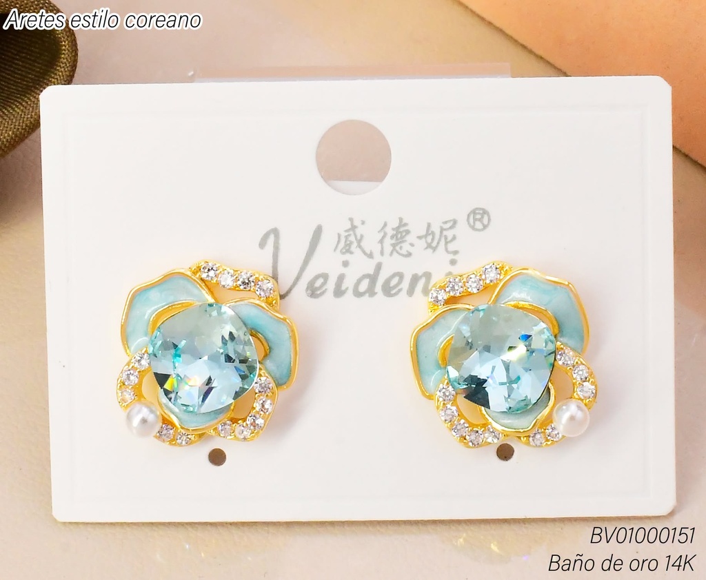 ARETES BAÑO DE ORO 14K.FLOR CELESTE-ZIRC GR.C/PERLITA  EH-4306 (VEI080926)