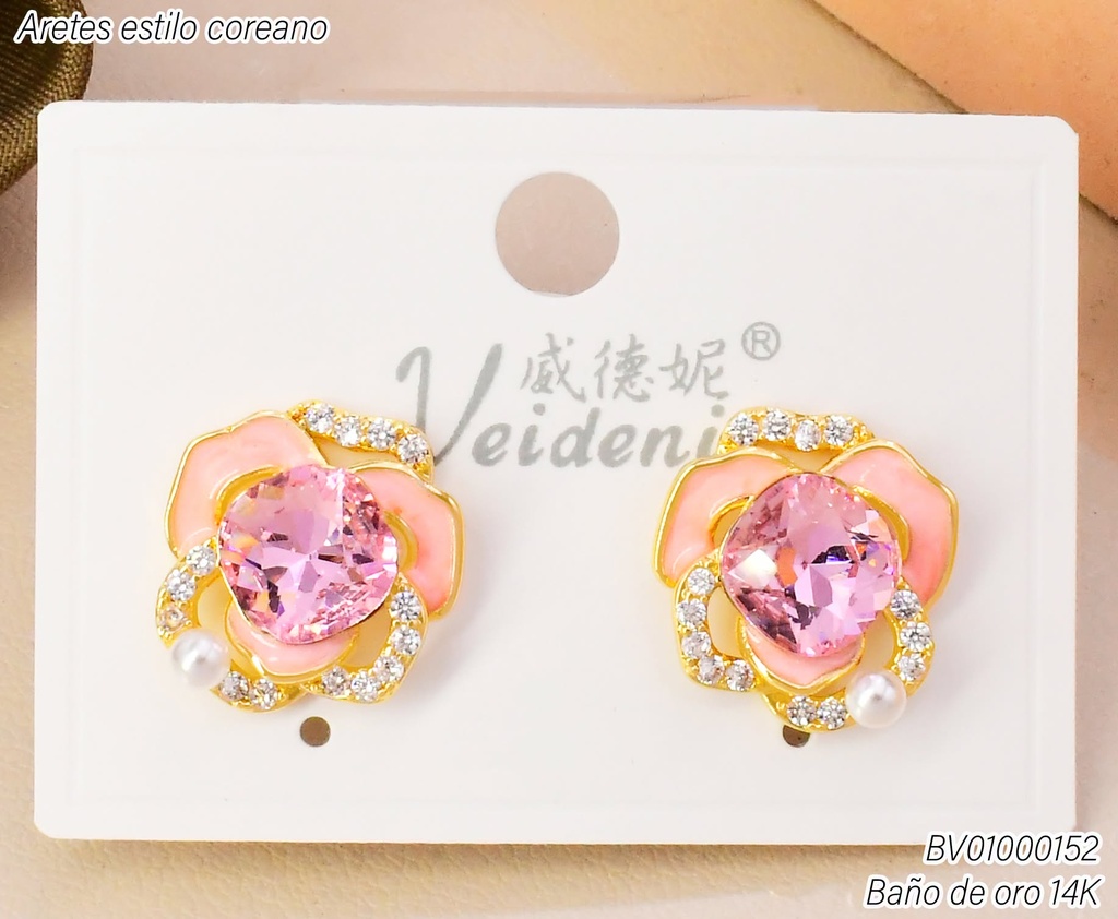 ARETES BAÑO DE ORO 14K.FLOR ROSADA-ZIRC GR.C/PERLITA  EH-4306 (VEI080926)