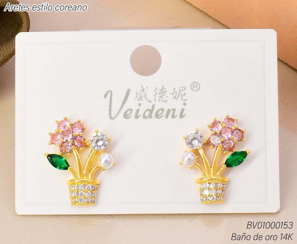 ARETES BAÑO DE ORO 14K.FLORERO ZIRC.C/FLORES EH-3844 (VEI080926)