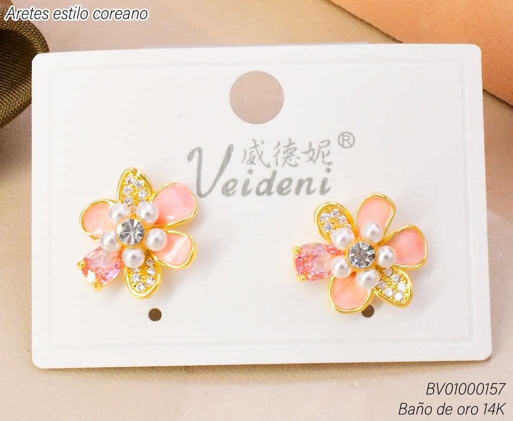 ARETES BAÑO DE ORO 14K.FLOR ROSADA C/ZIRC-PERLITA  EH-4323 (VEI080926)