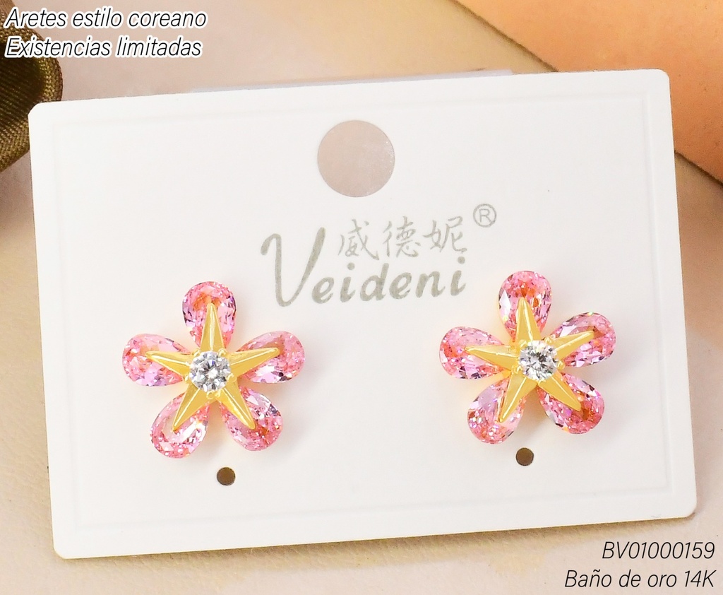 ARETES BAÑO DE ORO 14K.FLOR ROSADA C/ESTRELLA  EH-2711 (VEI080926)