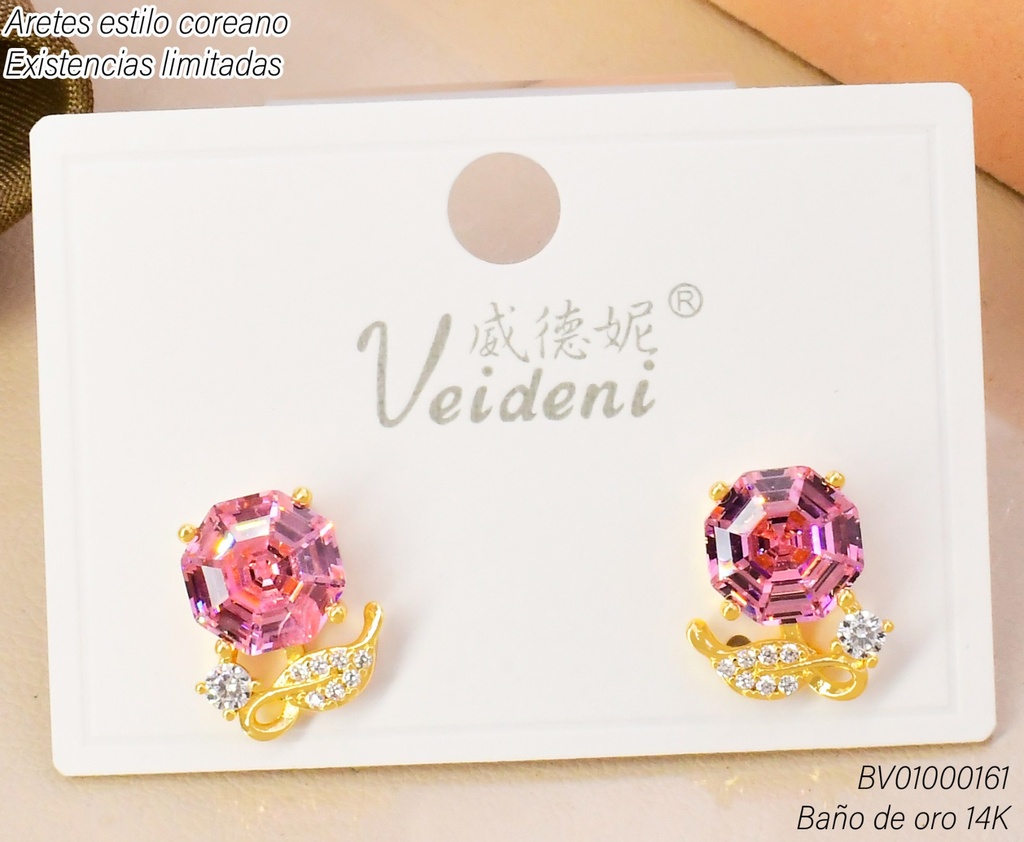 ARETES BAÑO DE ORO 14K.ZIRC.ROSADA RD(FLOR)  EH-3624 (VEI080926)