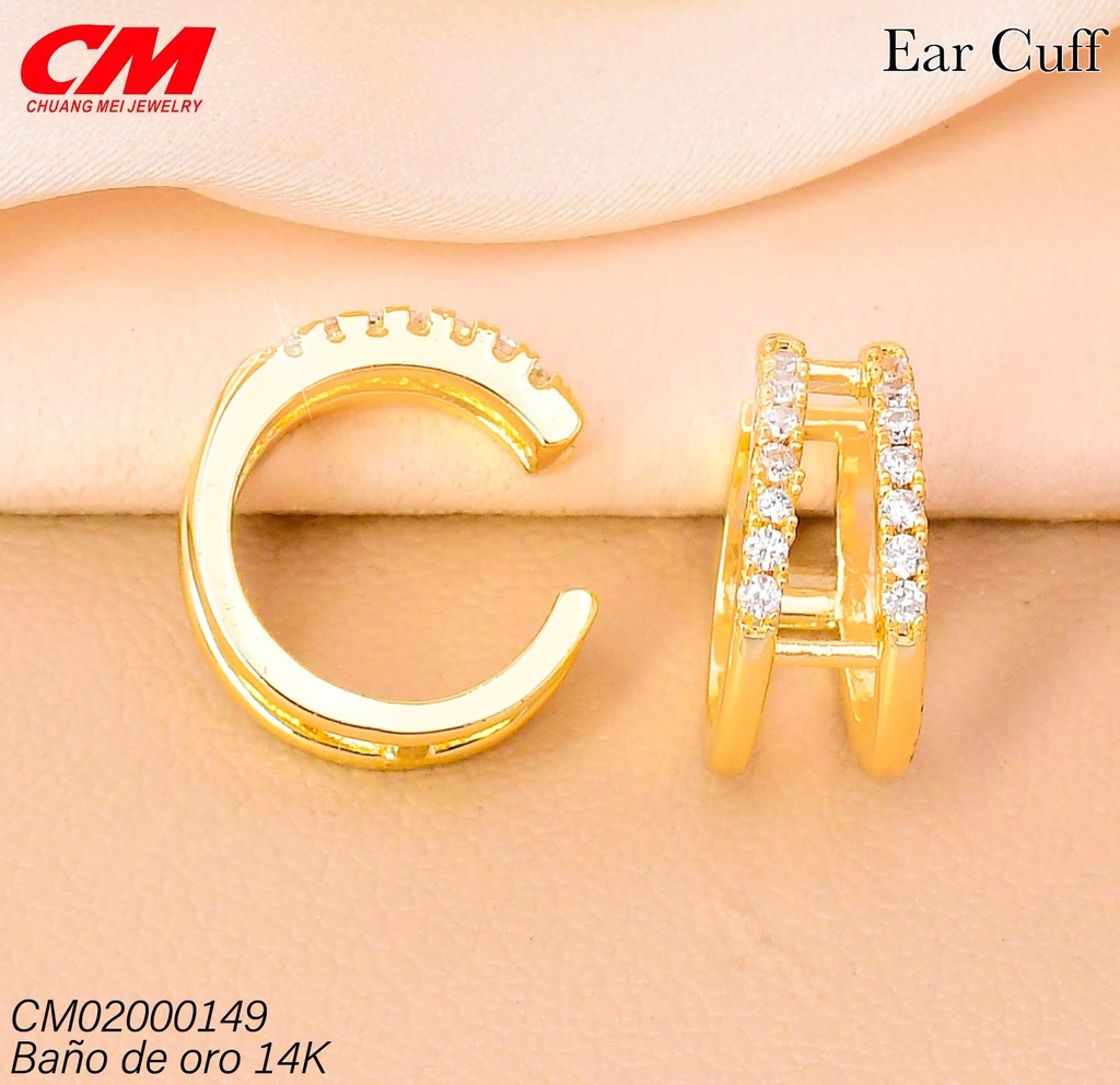 EAR CUFF BAÑO DE ORO 14K. 2 LINEAS ZIRC. RJ-05020002 (27A)