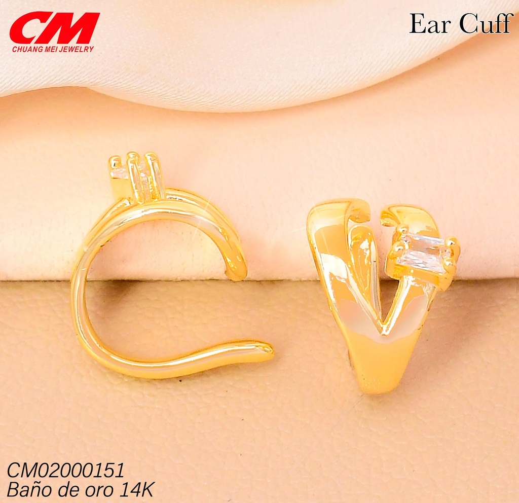 EAR CUFF BAÑO DE ORO 14K. 2 LINEAS LISAS/ZIRC RECT. RJ01460003 (27A)