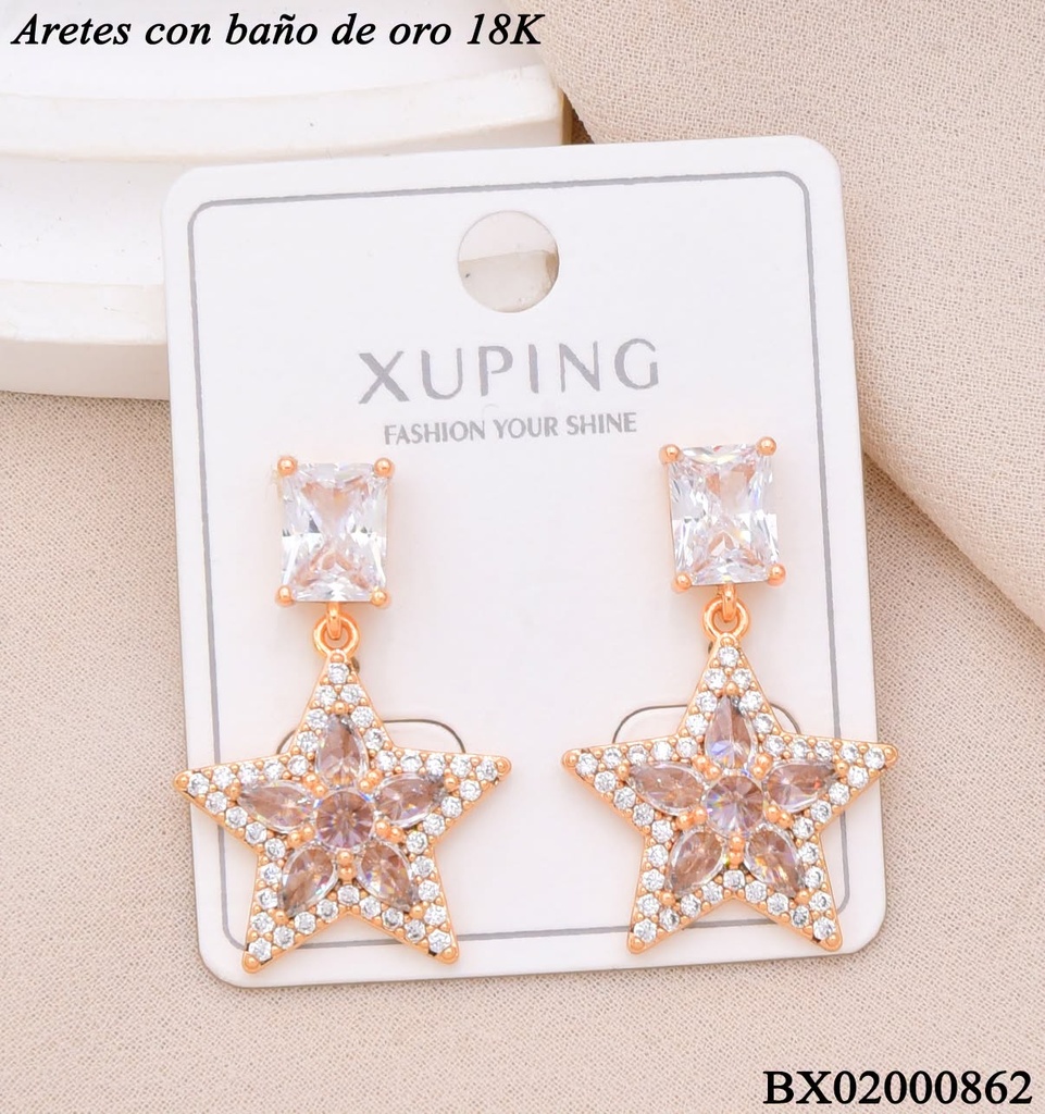 ARETES BAÑO DE ORO 18K. XUPING RECT/ESTRELLA ZIRCON CRISTAL COLGANDO (XAG)