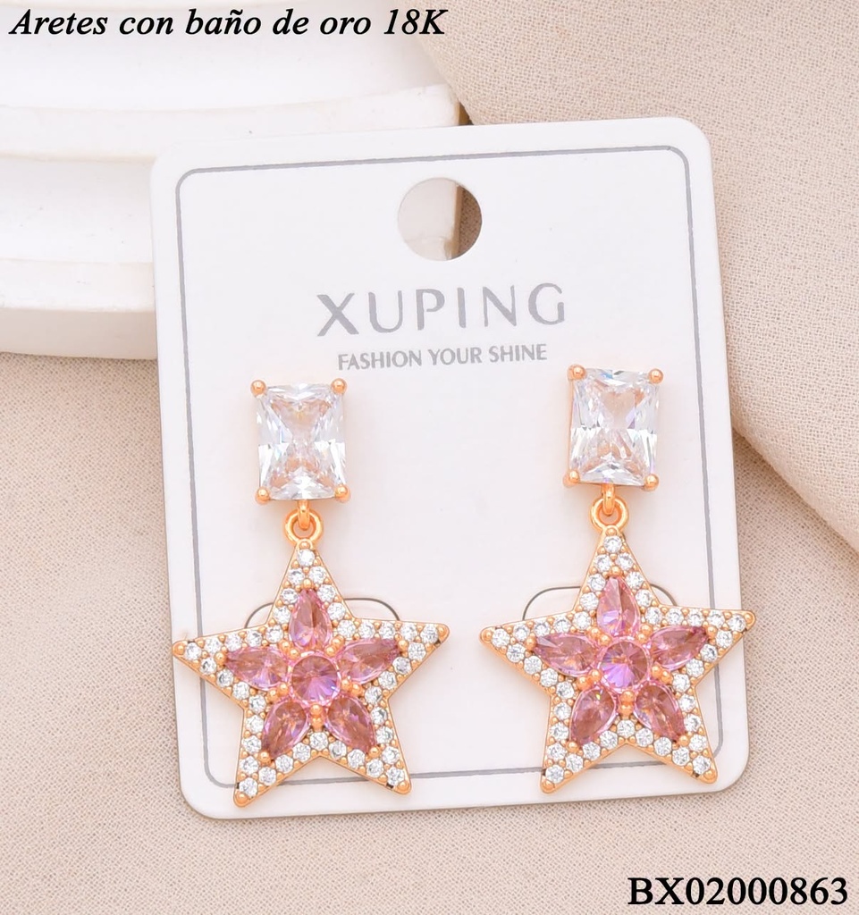 ARETES BAÑO DE ORO 18K. XUPING RECT/ESTRELLA ZIRCON ROSADO/CRISTAL COLGANDO (XAG)