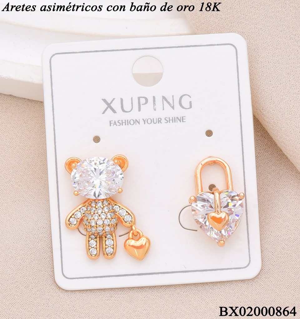 ARETES BAÑO DE ORO 18K. XUPING OSO ZIRCON. CRISTAL/CANDADO CORAZON CRISTAL ASIMETRICOS (XAG)