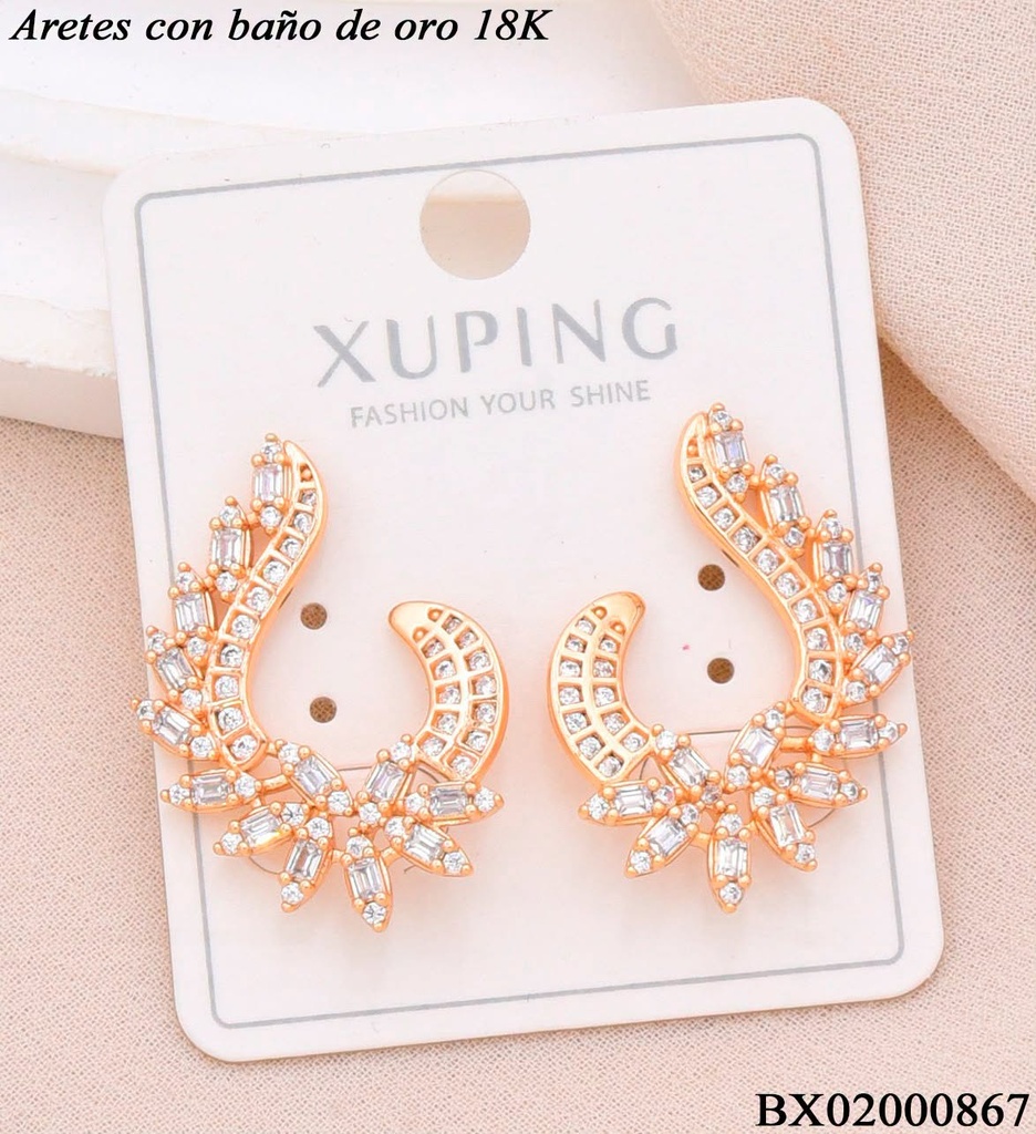 ARETES BAÑO DE ORO 18K. XUPING SEMI CIRCULO ALARGADO CON ZIRCON. CRISTAL (XAG)