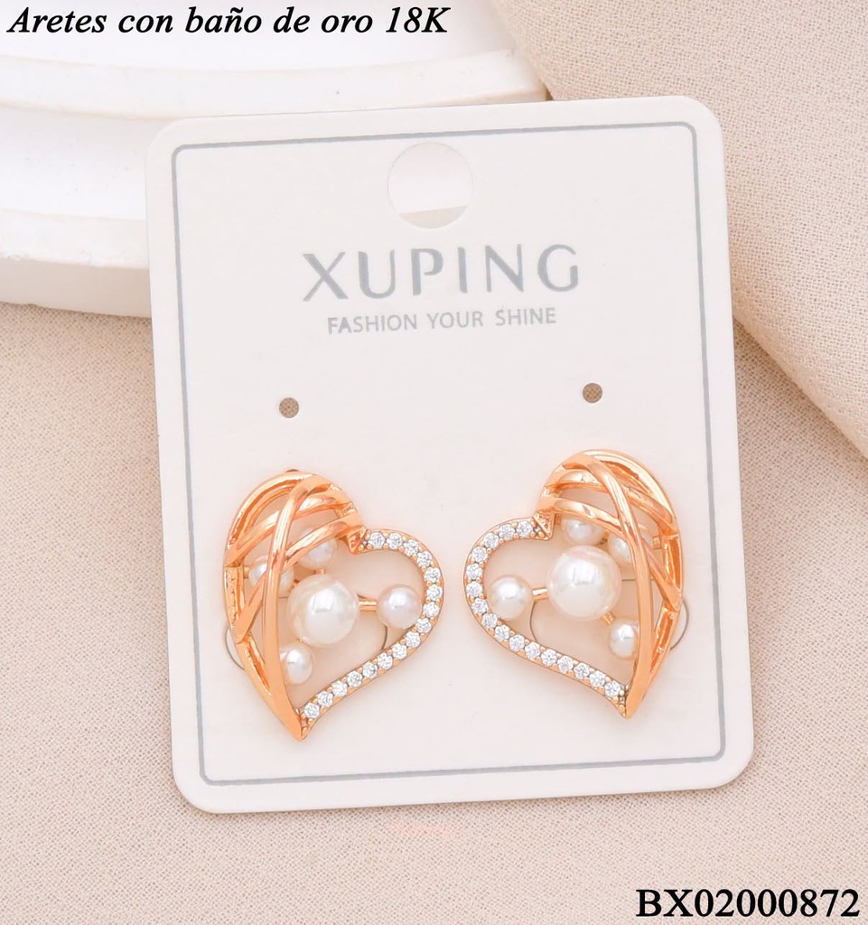 ARETES BAÑO DE ORO 18K. XUPING CORAZO´N PERLAS/ZIRCON. CRISTAL (XAG)