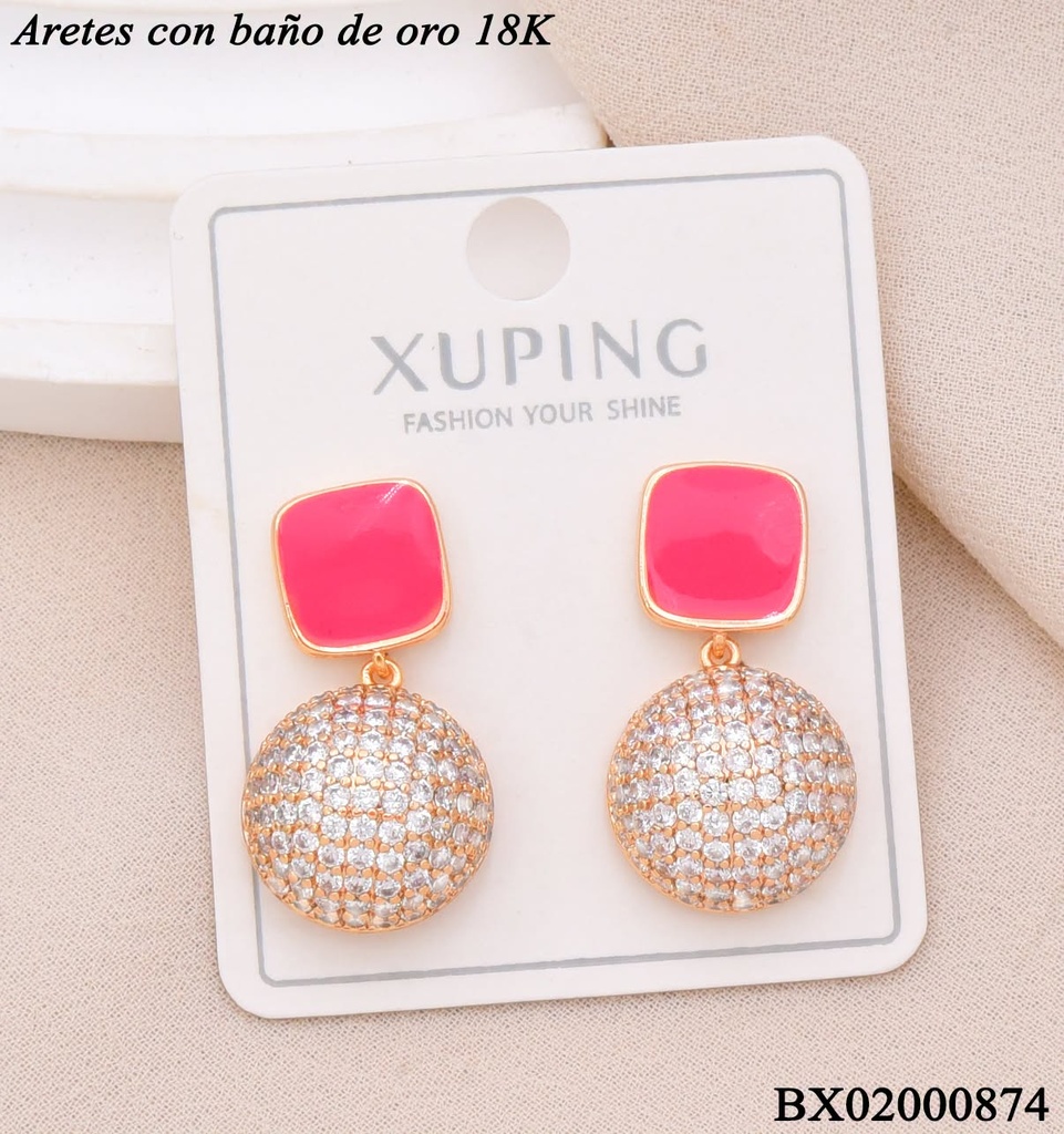 ARETES BAÑO DE ORO 18K. XUPING CUADRO ROSADO ESMALTADO/CIRCULO ZIRCON. CRISTAL  (XAG)